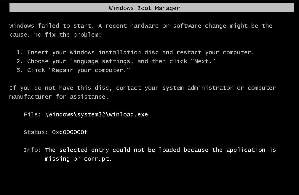 Boot ERROR Windows 7 Home Premium 64-bit "winload.exe"